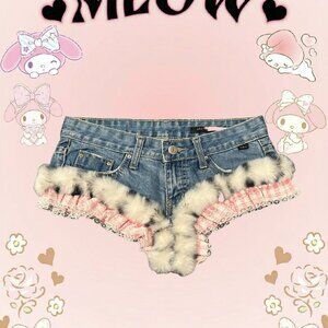 Adorable My Melody denim shorts with faux fur trim, featuring a pink and blue